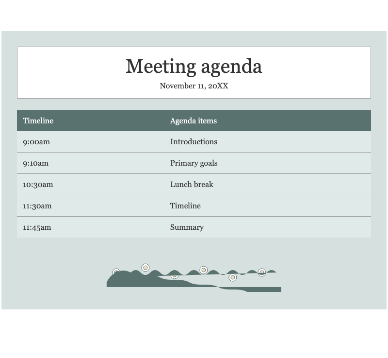 Floral flourish meeting agenda - Elegant meeting agenda template with floral accents. Perfect for corporate and team planning sessions.